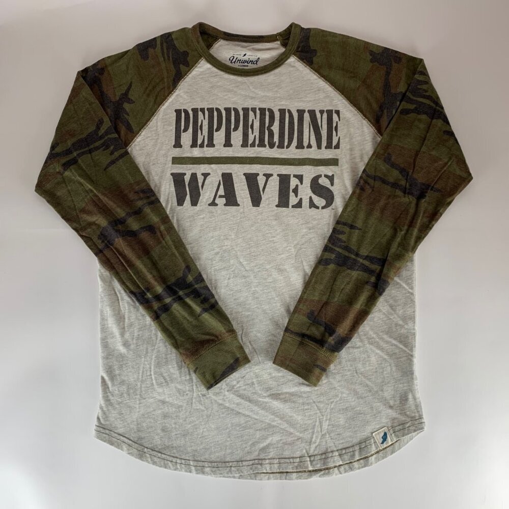 Pepperdine Waves Beige Green Camo League Raglan Long Sleeve Shirt Mens Large